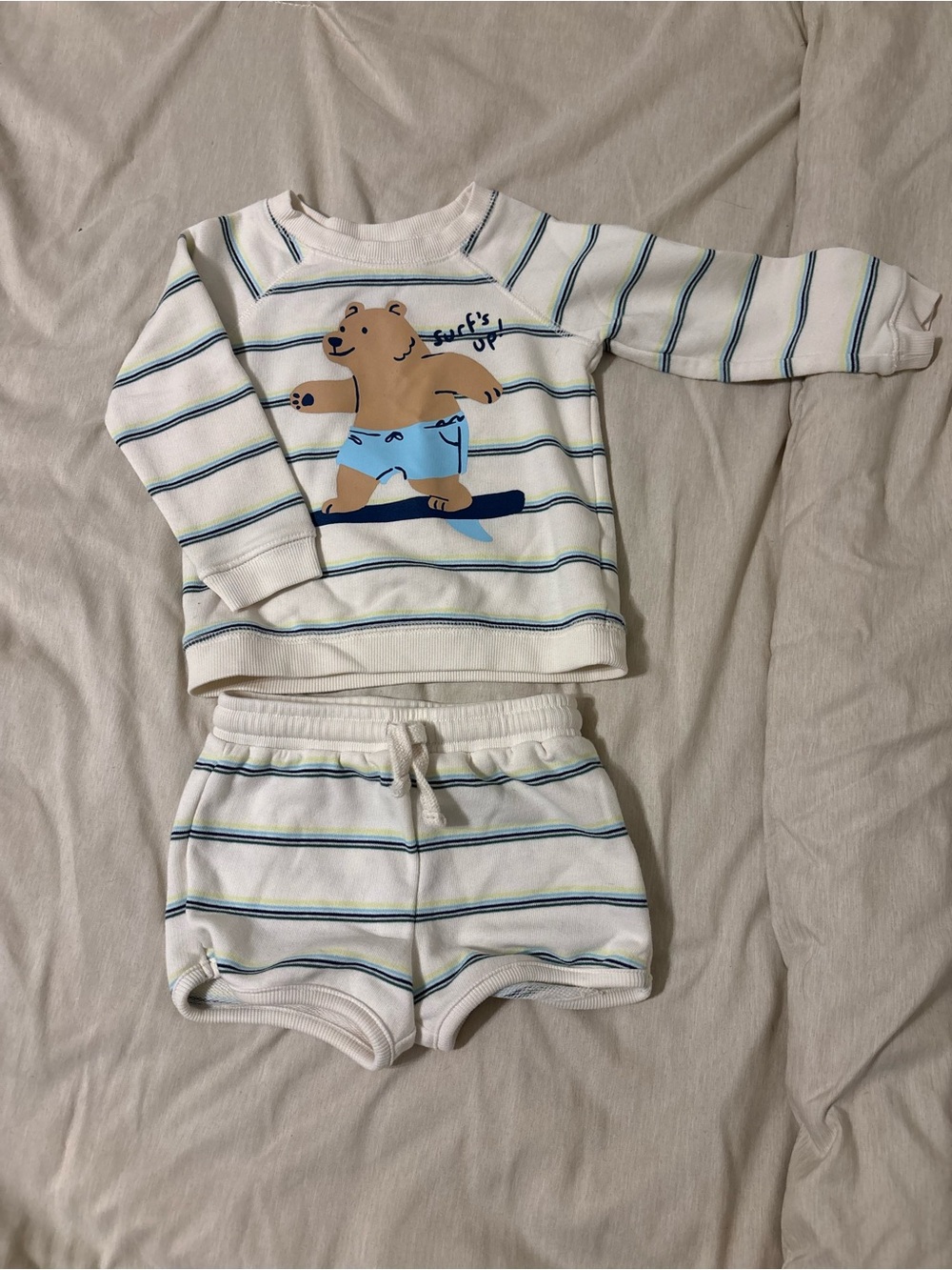Old Navy Cream Striped Matching Set with Surfing Bear Graphic 12-18 months